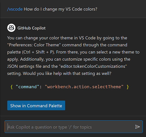 Copilot chat example asking how to change VS Code colors