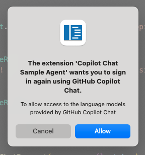 Modal dialog showing an extension requiring language model access