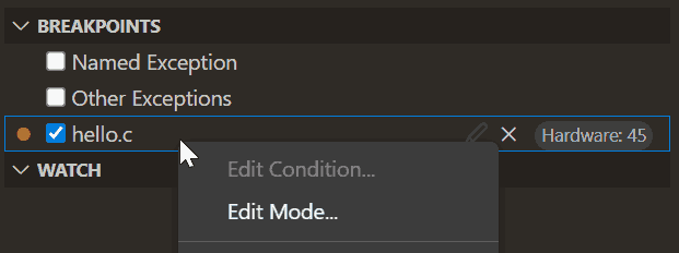Breakpoint context menu now has an 'Edit Mode...' option to change the breakpoint mode