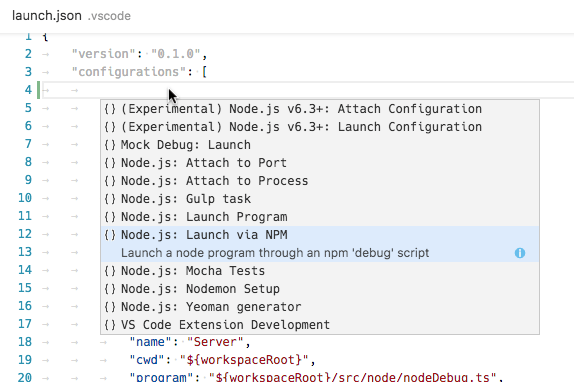 Launch configuration snippets for node.js