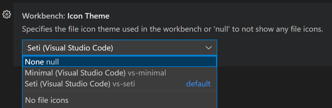 The workbench.iconTheme setting in the Settings UI with the dropdown expanded showing the enum item labels and one enum description