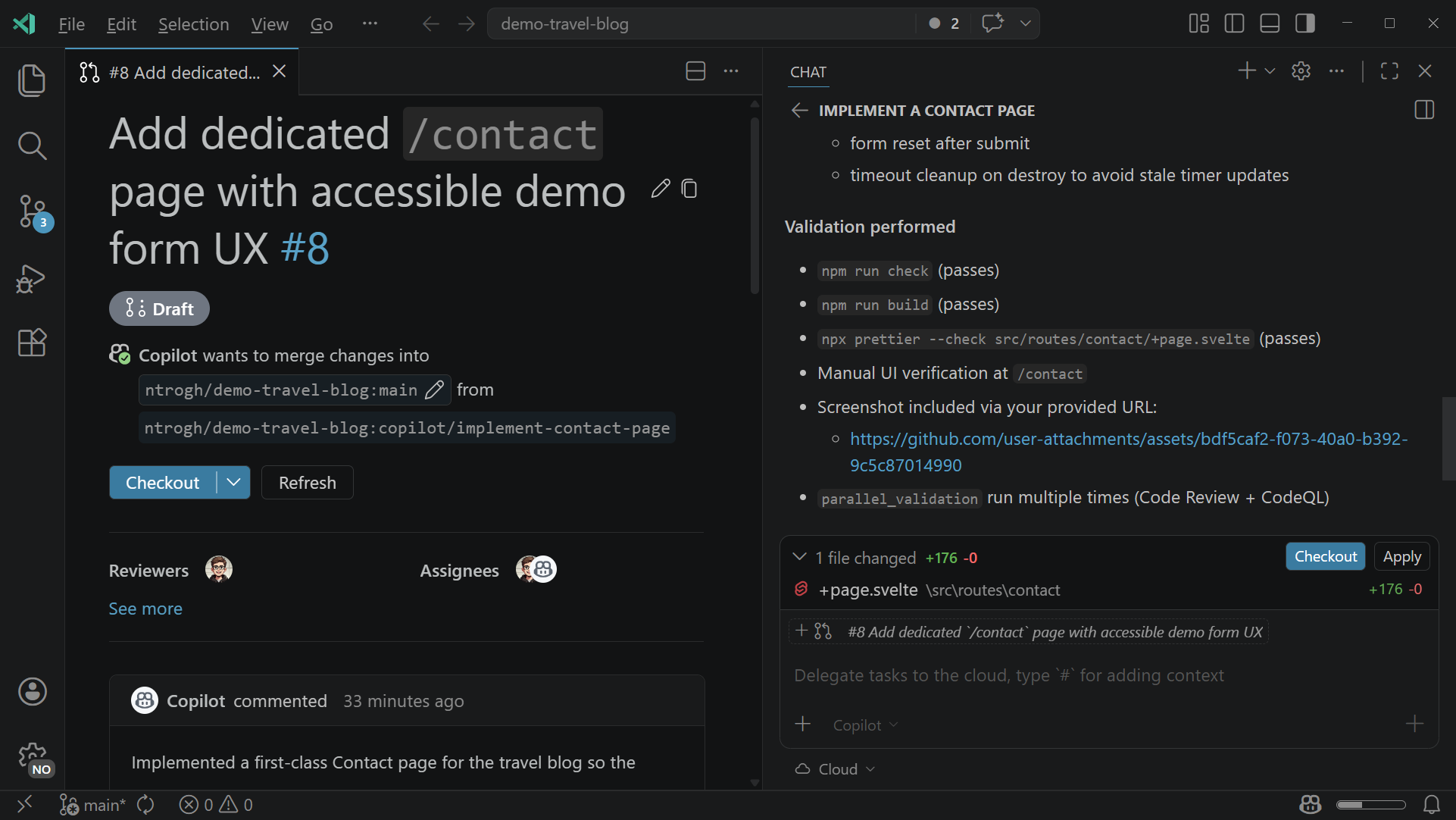 Screenshot of VS Code showing a cloud agent creating a pull request and the pull request details.