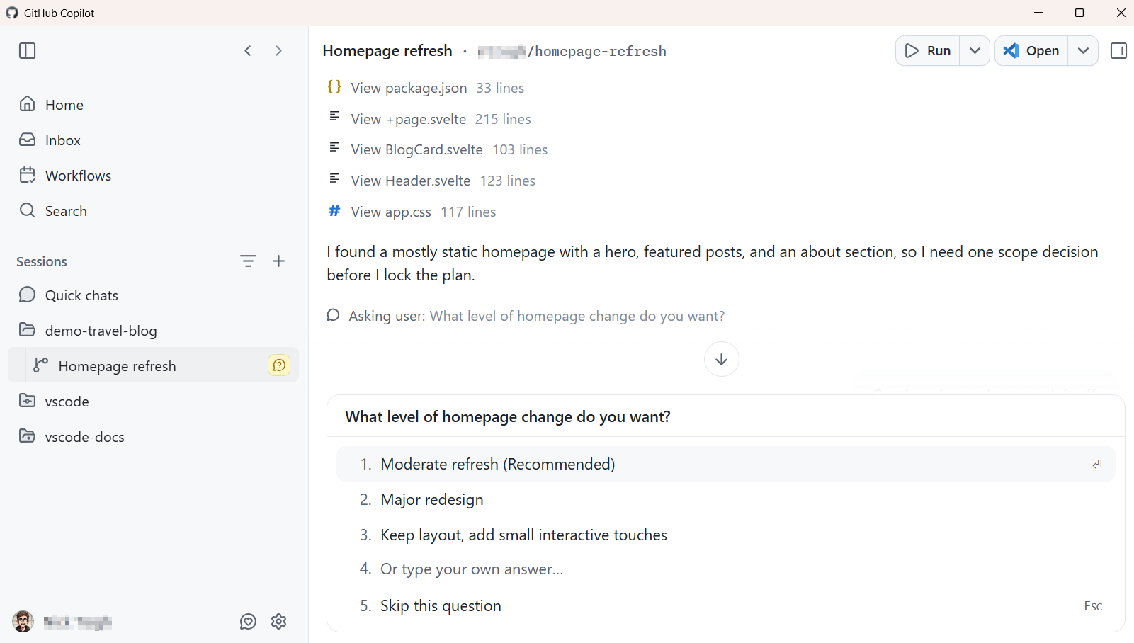 GitHub Copilot app showing an active session.