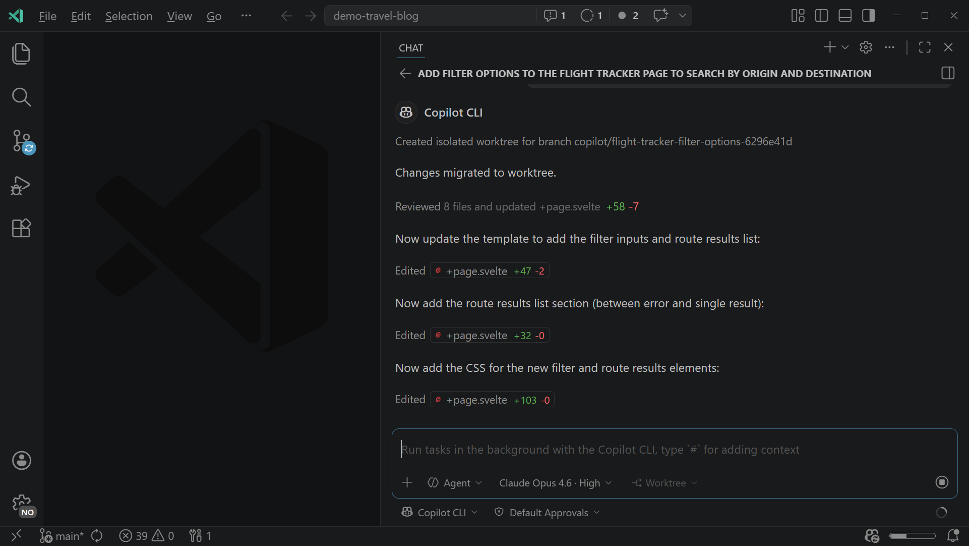 Screenshot of VS Code showing a Copilot CLI agent working in an isolated worktree on the local machine.