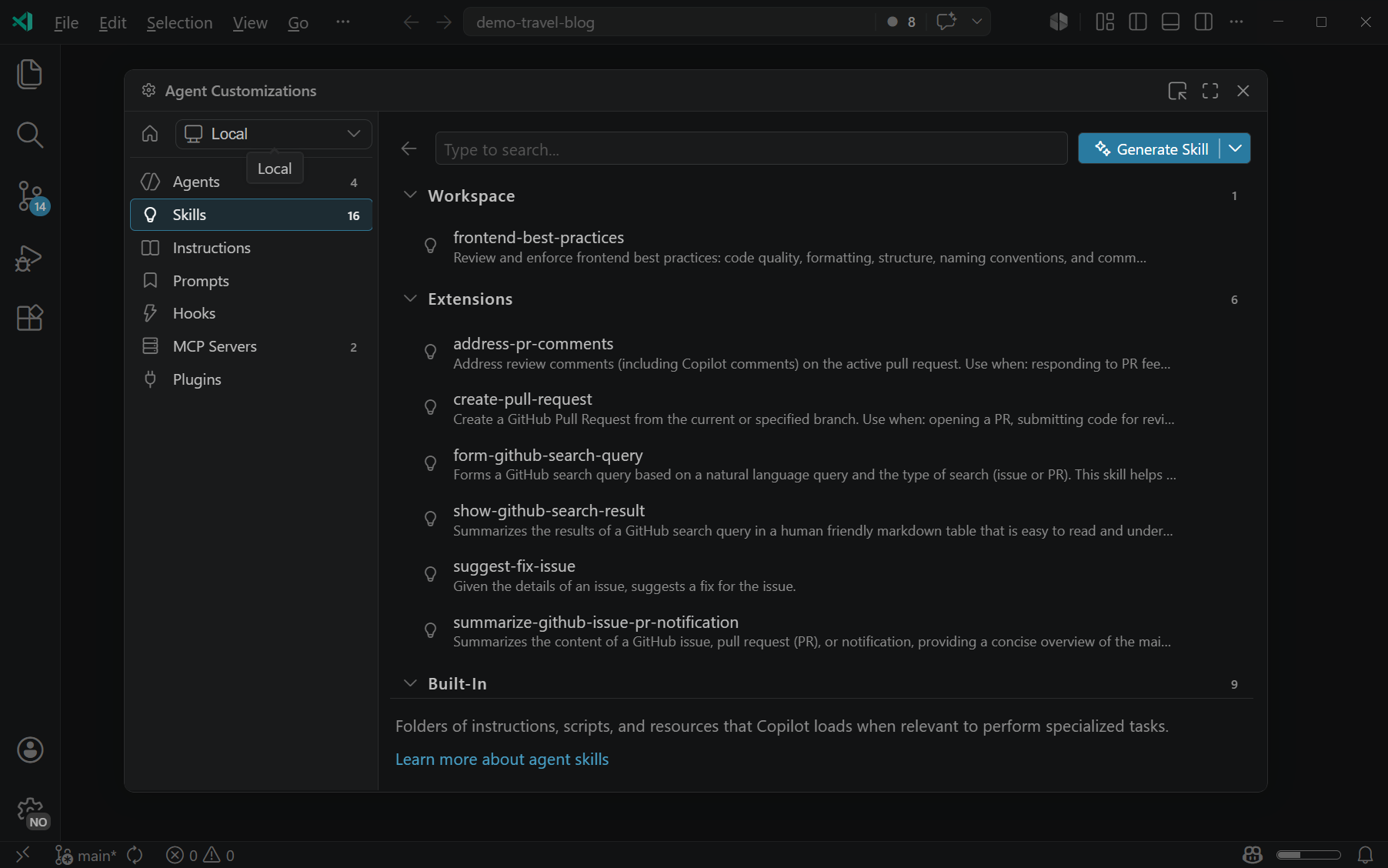 Screenshot of VS Code showing chat customizations view.
