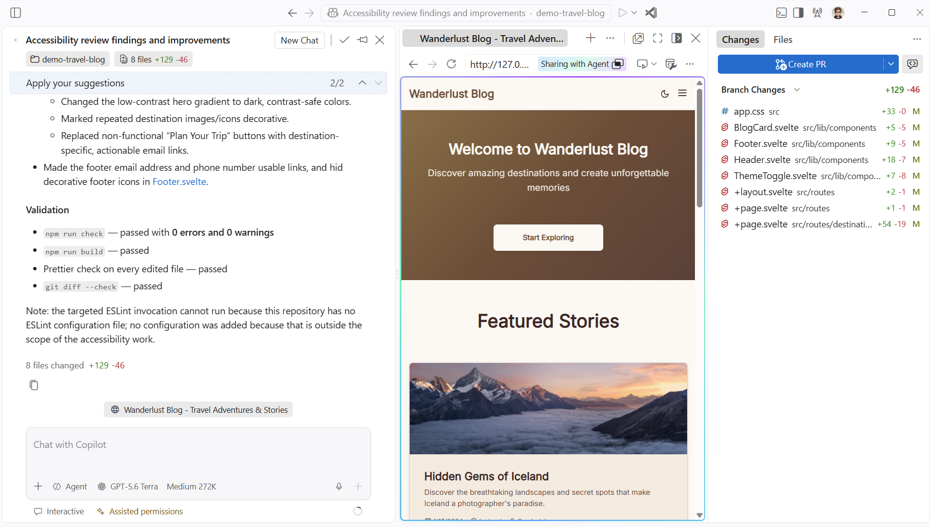 Agent session for applying accessibility improvements to a web page, showing changes to the code and option to create a PR.