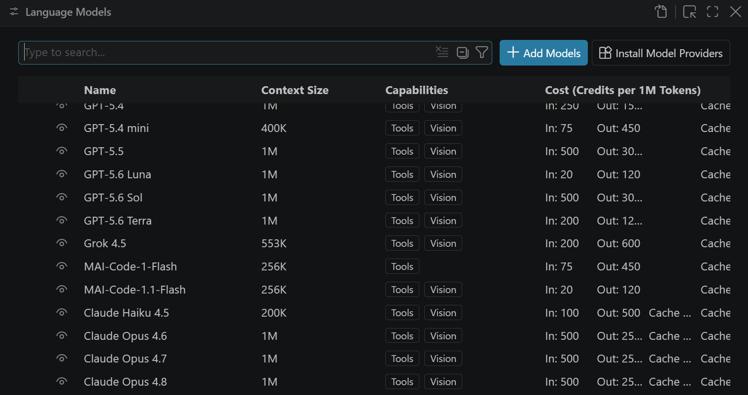 Language Models editor in VS Code showing available models and their capabilities.