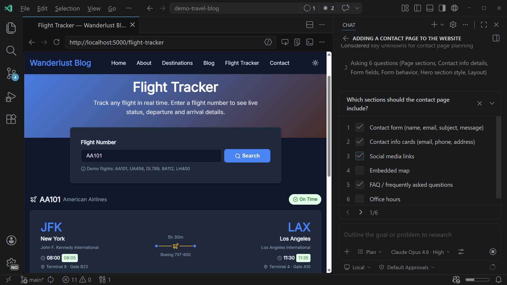 Screenshot of VS Code showing a local web app in the integrated browser and a local agent chat session prompting the user for input.