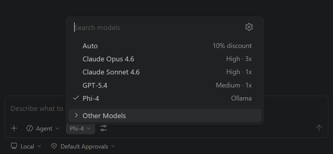 Model picker dropdown showing models from different providers.