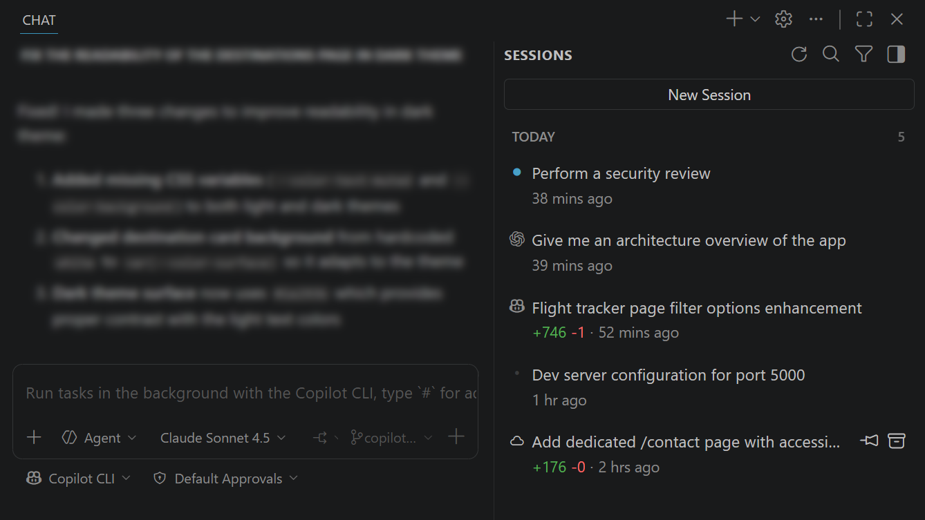 Screenshot of VS Code showing the Sessions panel with a mix of local, background, and cloud agent sessions with status badges and action buttons.