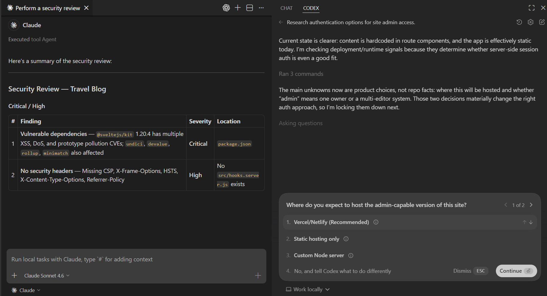 Screenshot of VS Code showing a Claude agent and Codex agent session side-by-side in the editor.