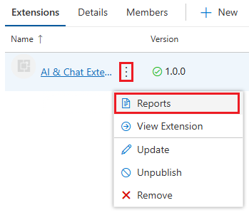 Screenshot showing the More Actions menu with the Reports option in the Marketplace publisher management page