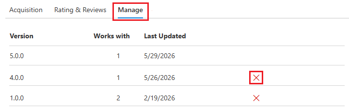 Screenshot showing the manage tab with the Delete this version button