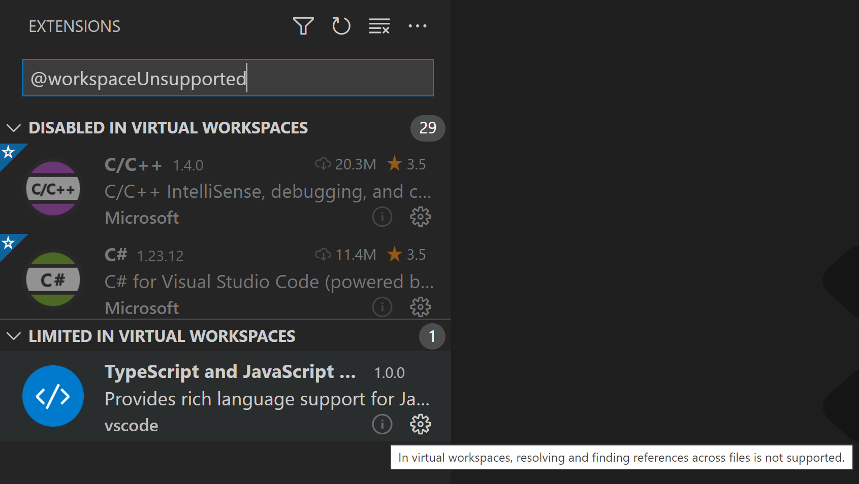 VS Code Extensions view with limited and disabled extensions