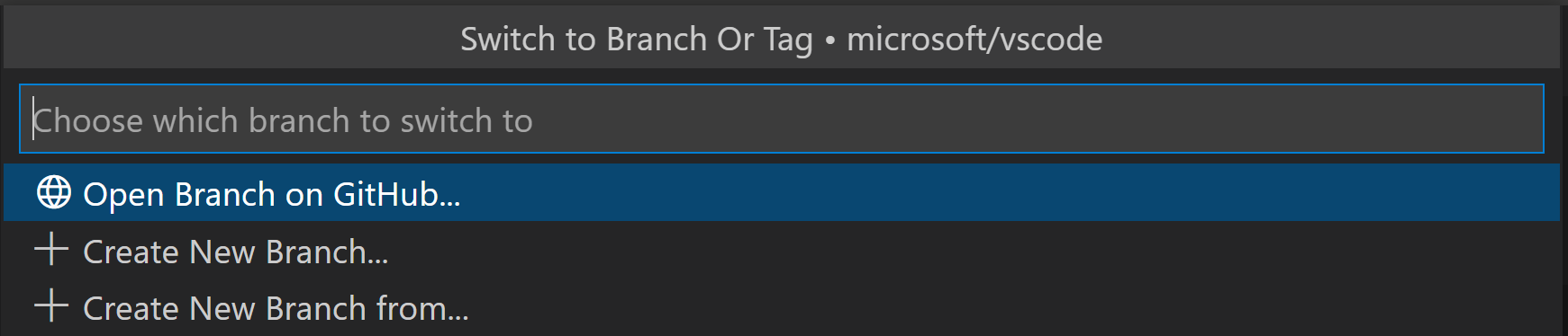 VS Code Command Palette with options to create new branch