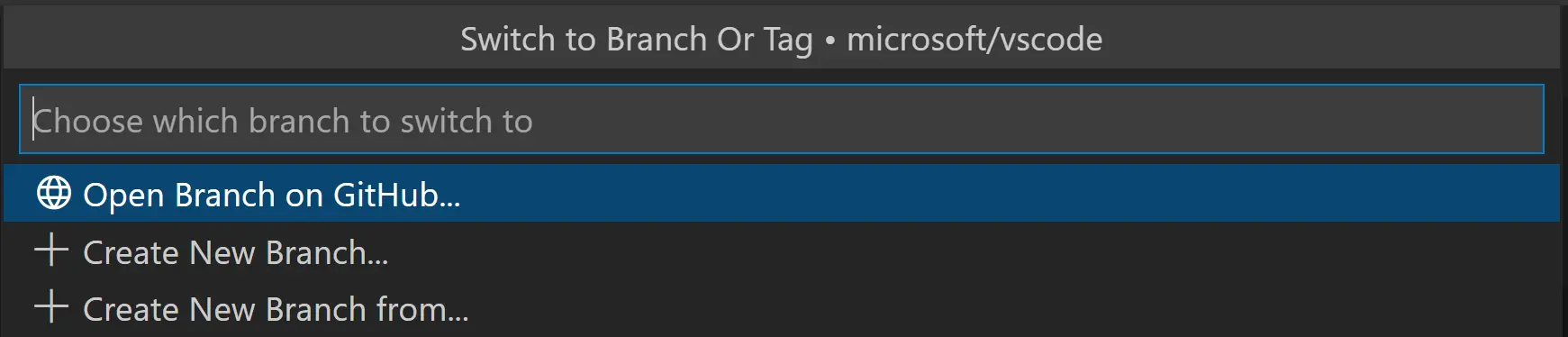 VS Code Command Palette with options to create new branch
