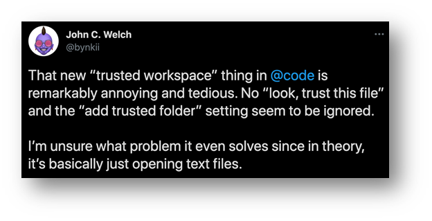 Twitter comment complaining about Workspace Trust
