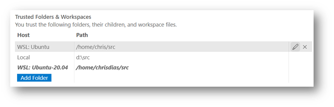 Trust Folders & Workspaces list with WSL trusted folders