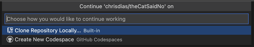 Continue na lista suspensa mostrando Clonar Repositório Localmente ou Criar Novo Codespace