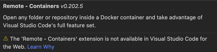 Notificação de que a extensão não está disponível no Visual Studio Code para a Web