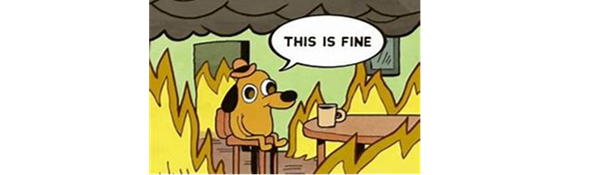 A meme showing a dog saying "This is fine" while sitting in a room on fire