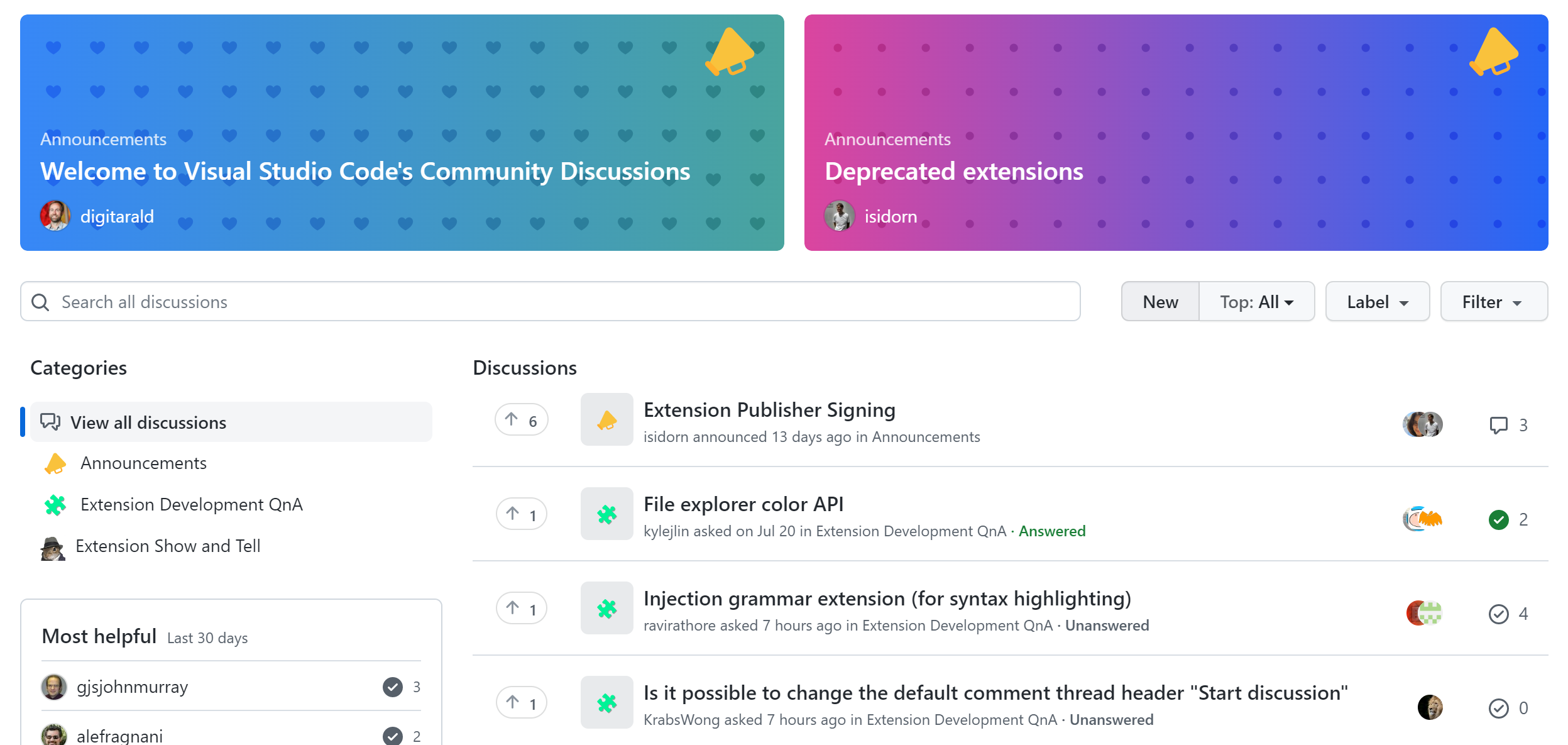 A screenshot showing the VS Code Community Discussions landing page