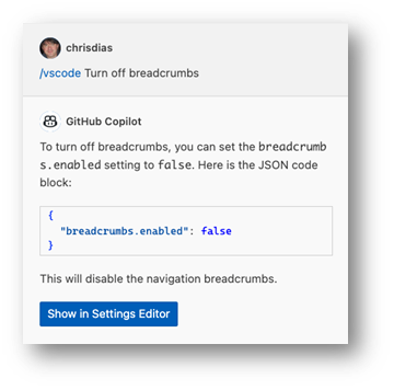 Asking Copilot how to turn off VS Code breadcrumbs in the editor
