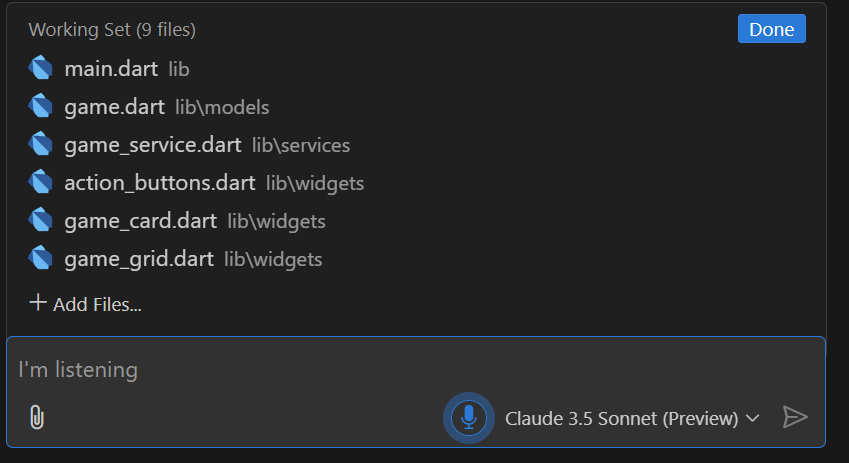 VS Code with file list and voice input active.