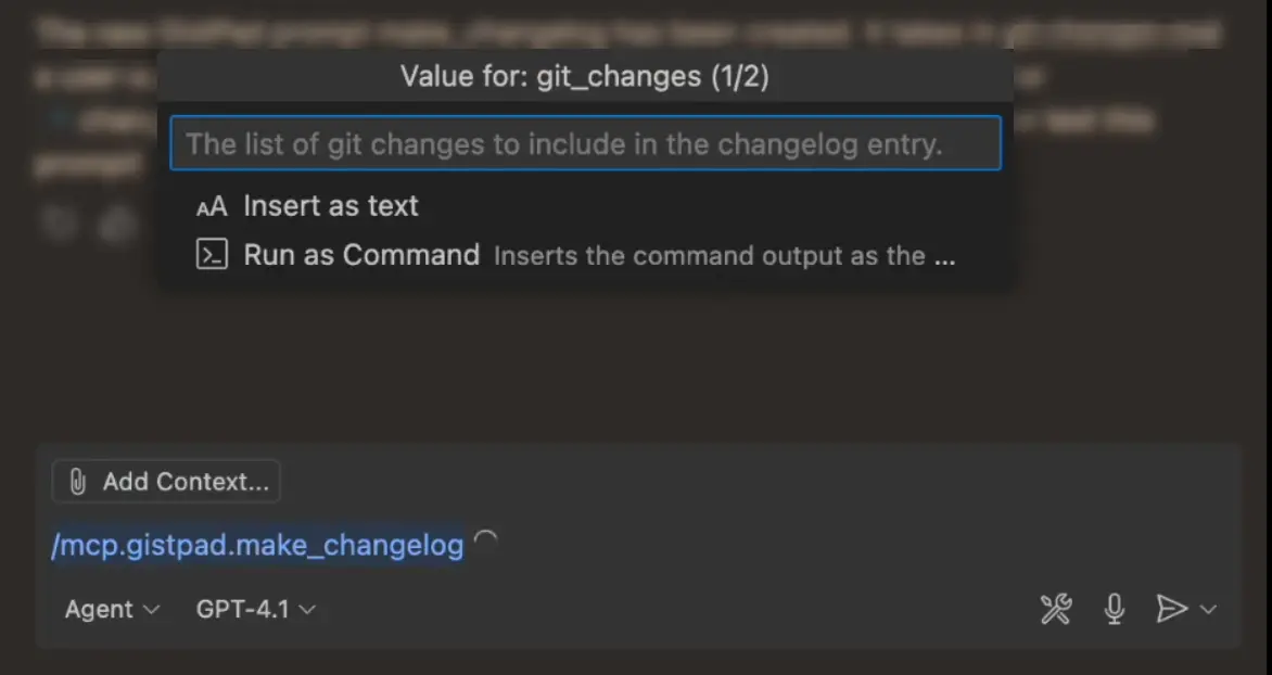 Screenshot of the Chat view, referencing a prompt from the Gistpad MCP server, which asks for additional input values.