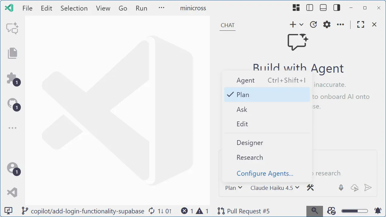 Copilot chat in VS Code with Plan agent dropdown highlighted, planning guidance beside dark theme editor, label reads Plan for a focused tone.