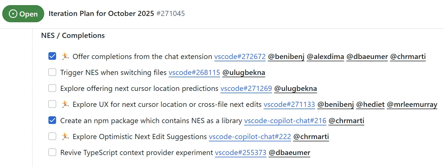 Inline suggestions section of the October 2025 VS Code iteration plan