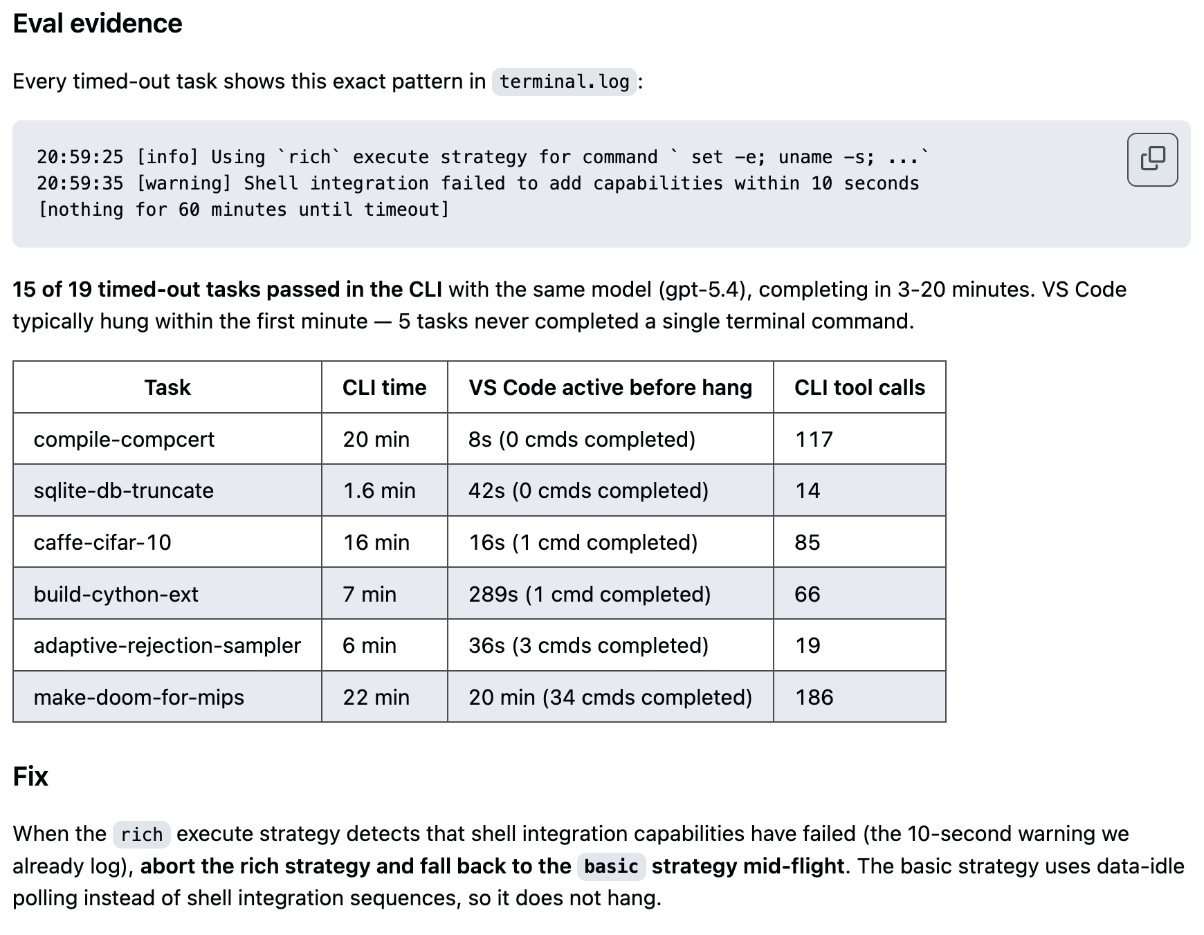 Screenshot of an eval assessment report showing eval evidence with terminal logs, a task comparison table, and the proposed fix.