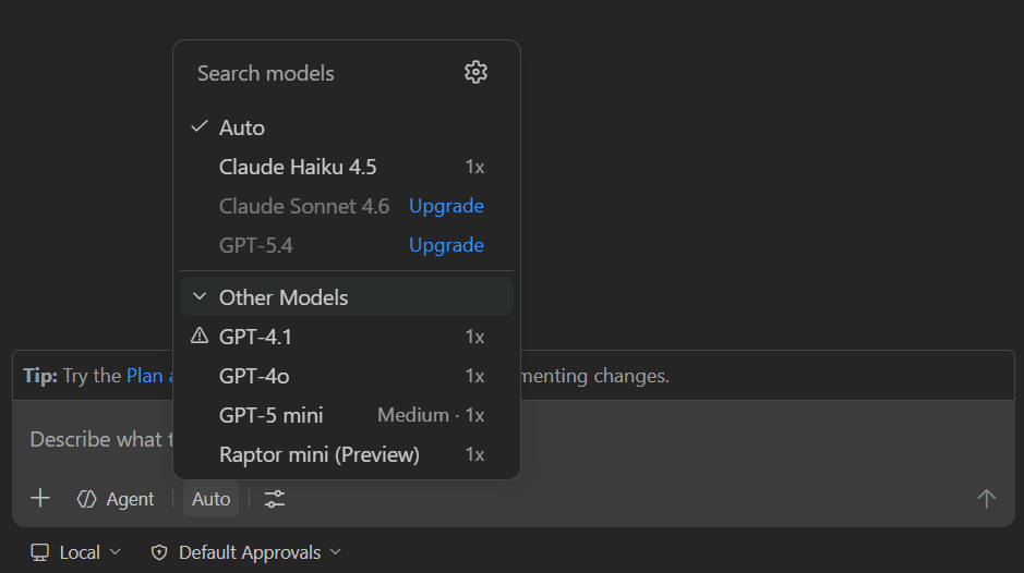 Screenshot of the VS Code Chat model picker showing available language models.