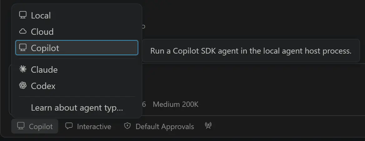 Screenshot showing the Copilot harness selected from the editor window harness picker.