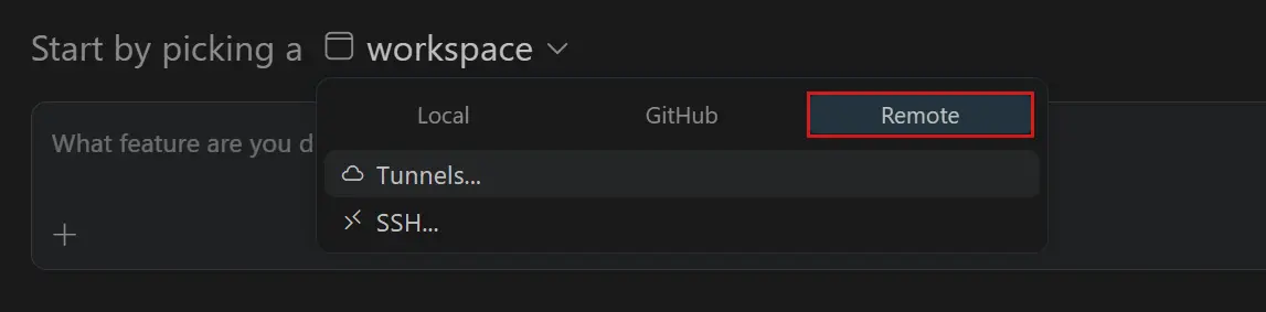 Screenshot showing SSH and Tunnels options in the Remote workspace picker in the Agents window.