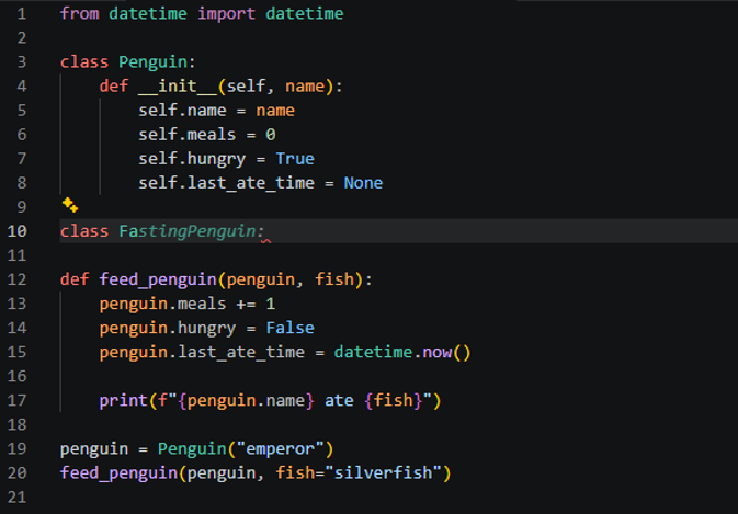 A code example where the standalone completion model chooses FastingPenguin instead of the better Fish rewrite.