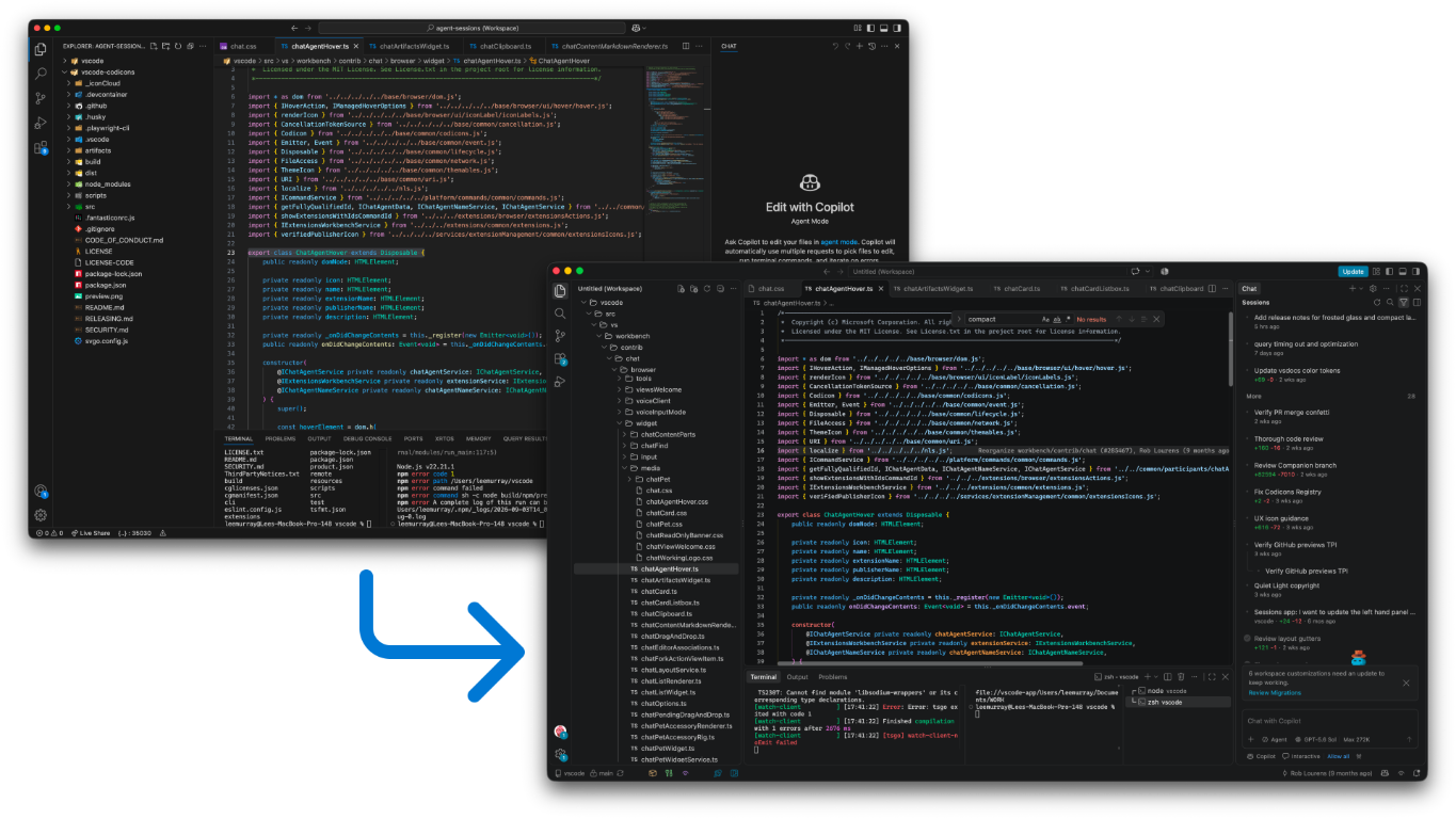 The classic and modernized VS Code interfaces shown with the same workspace and content.