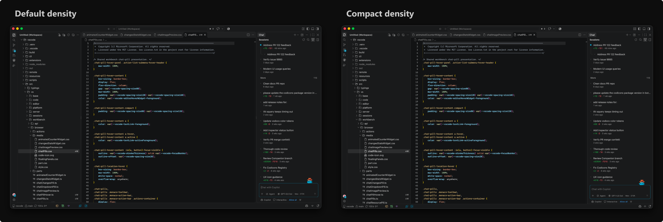 Screenshot showing the same VS Code workspace side by side at default and compact layout density.
