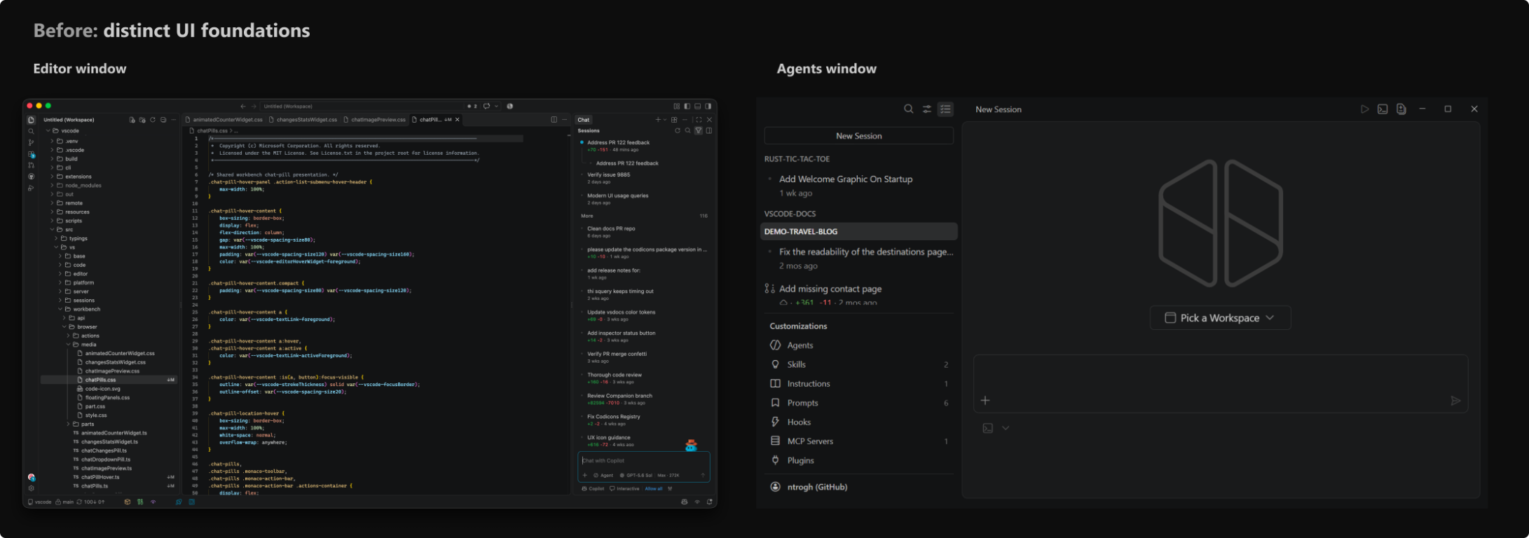 An earlier editor window and Agents window shown side by side, each based on its own UI foundation.