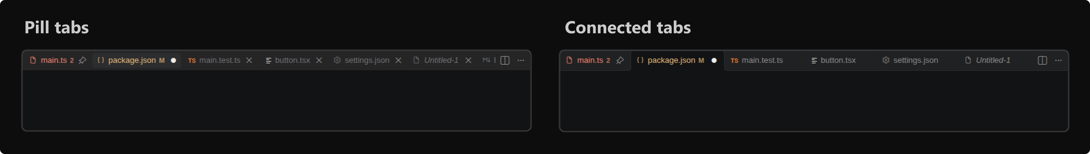 Pill tabs and connected tabs shown side by side with the same files, active tab, theme, and layout.