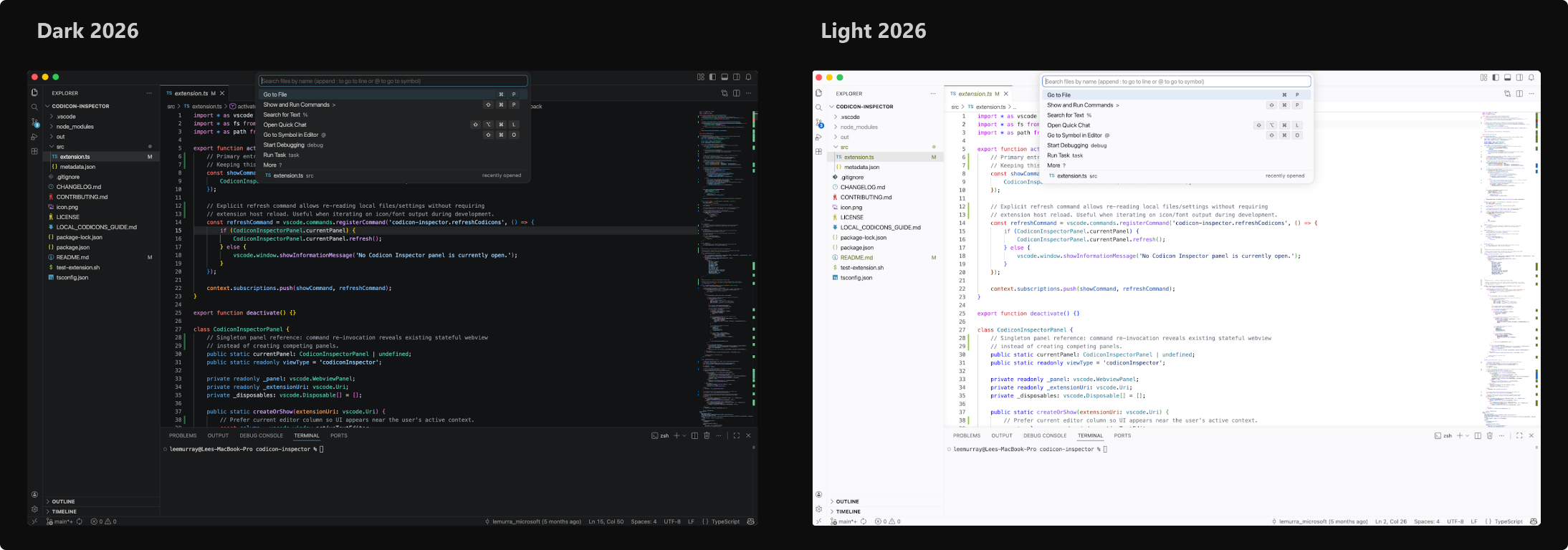Screenshot showing Dark 2026 and Light 2026 side by side with the Explorer, a TypeScript editor, Quick Open, and the integrated terminal.