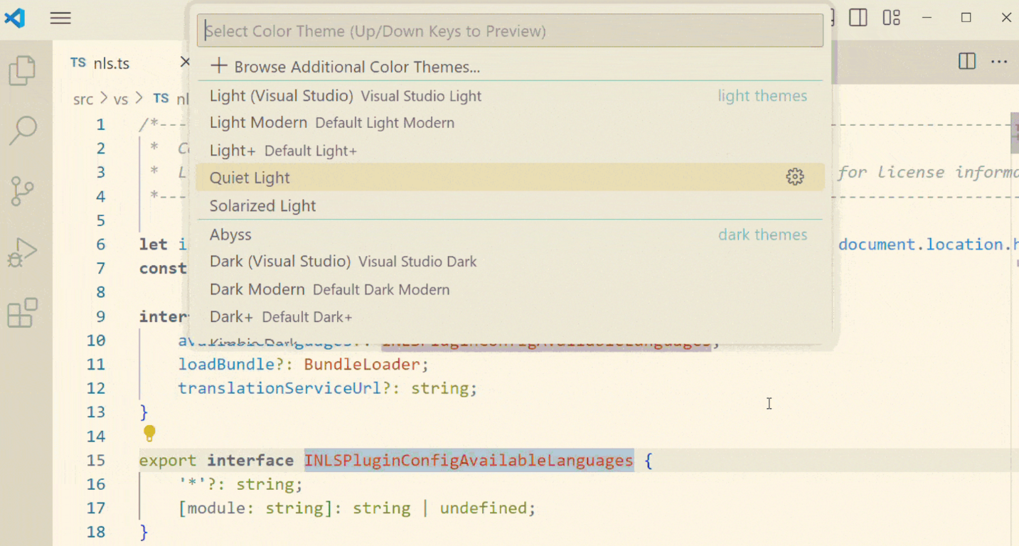 VS Code's color theme picker previewing Quiet Light alongside TypeScript code.