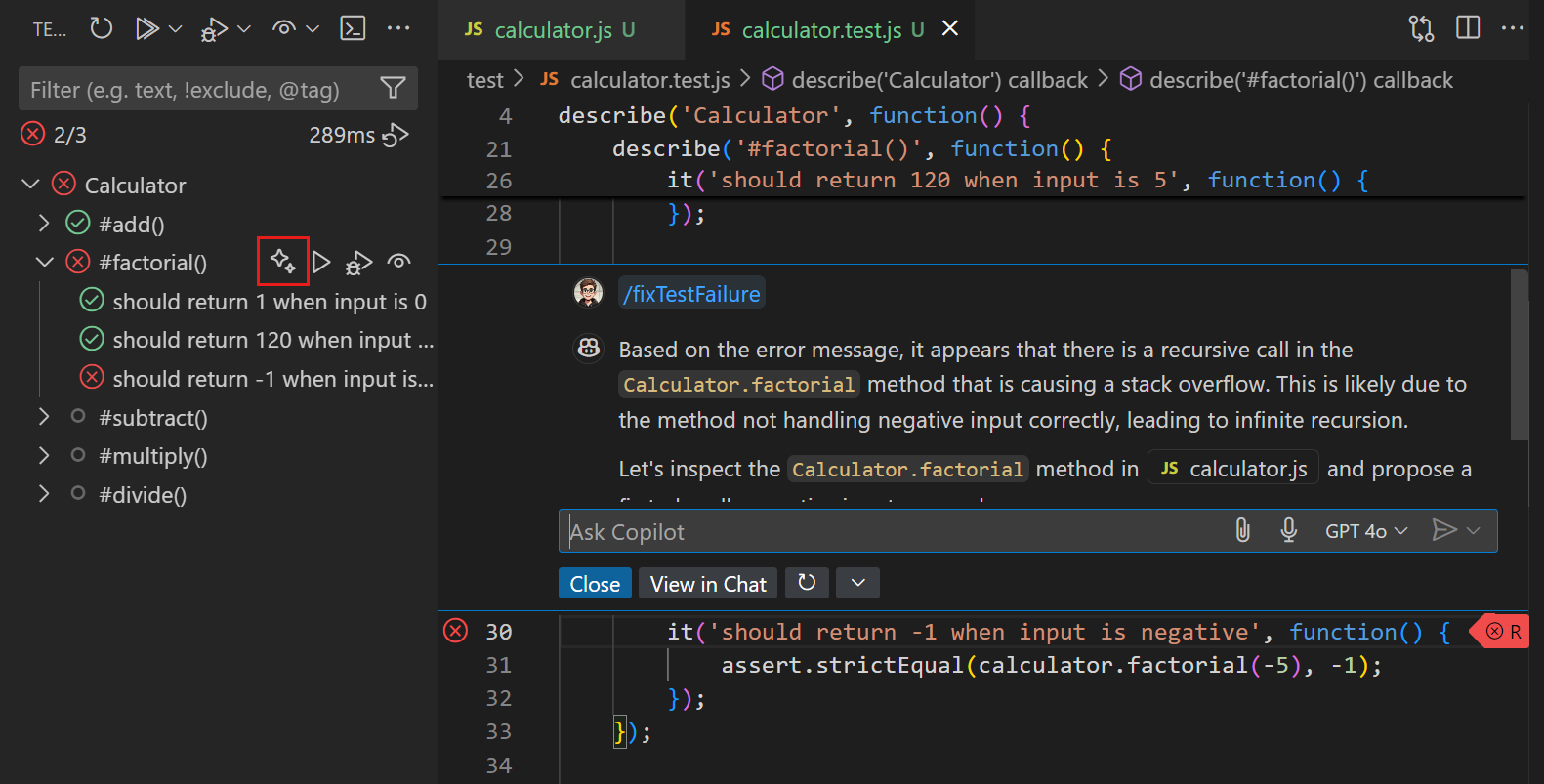 Test Explorer highlighting Fix Test Failure, with a Copilot suggestion for fixing the failing test in the editor.