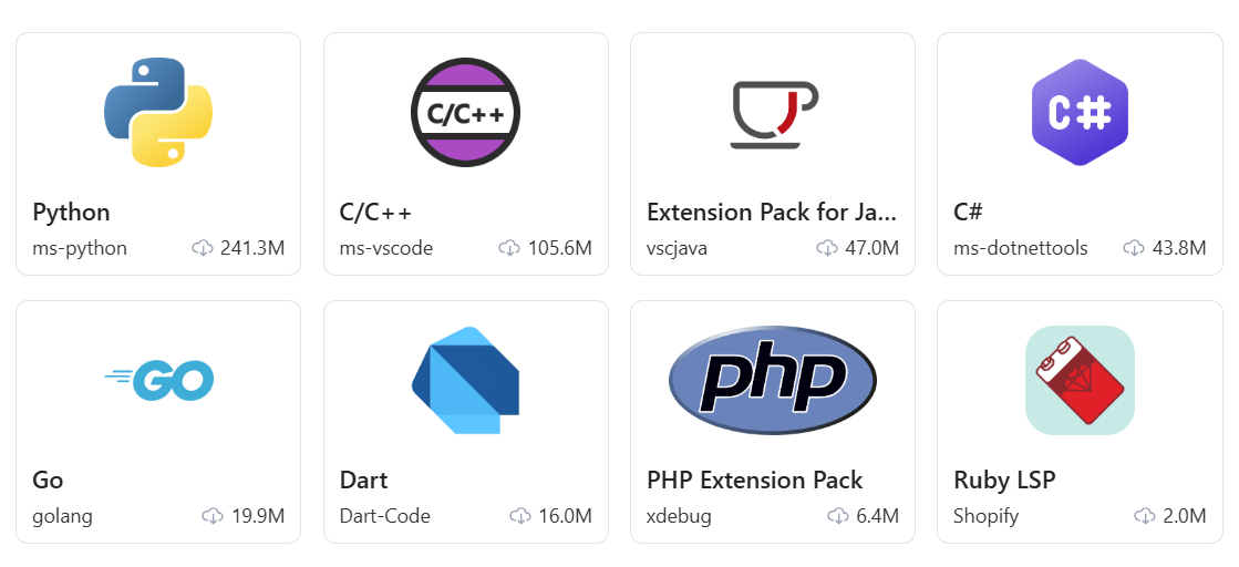 Marketplace extensions for Python, C/C++, Java, C#, Go, Dart, PHP, and Ruby.
