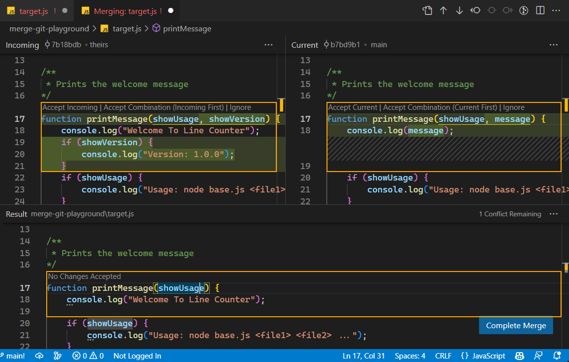 VS Code's 3-way merge editor showing incoming, current, and result panels for resolving merge conflicts.