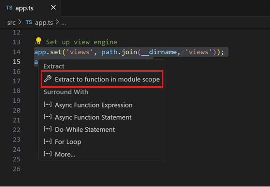 VS Code showing available refactoring actions for selected code.