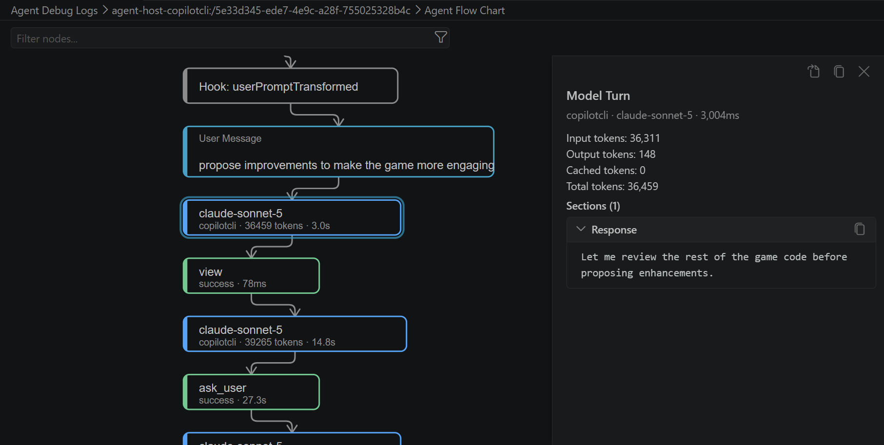 Agent Debug Logs showing the flow chart view in the editor showing instructions, skills, hooks, MCP servers, and plugins.