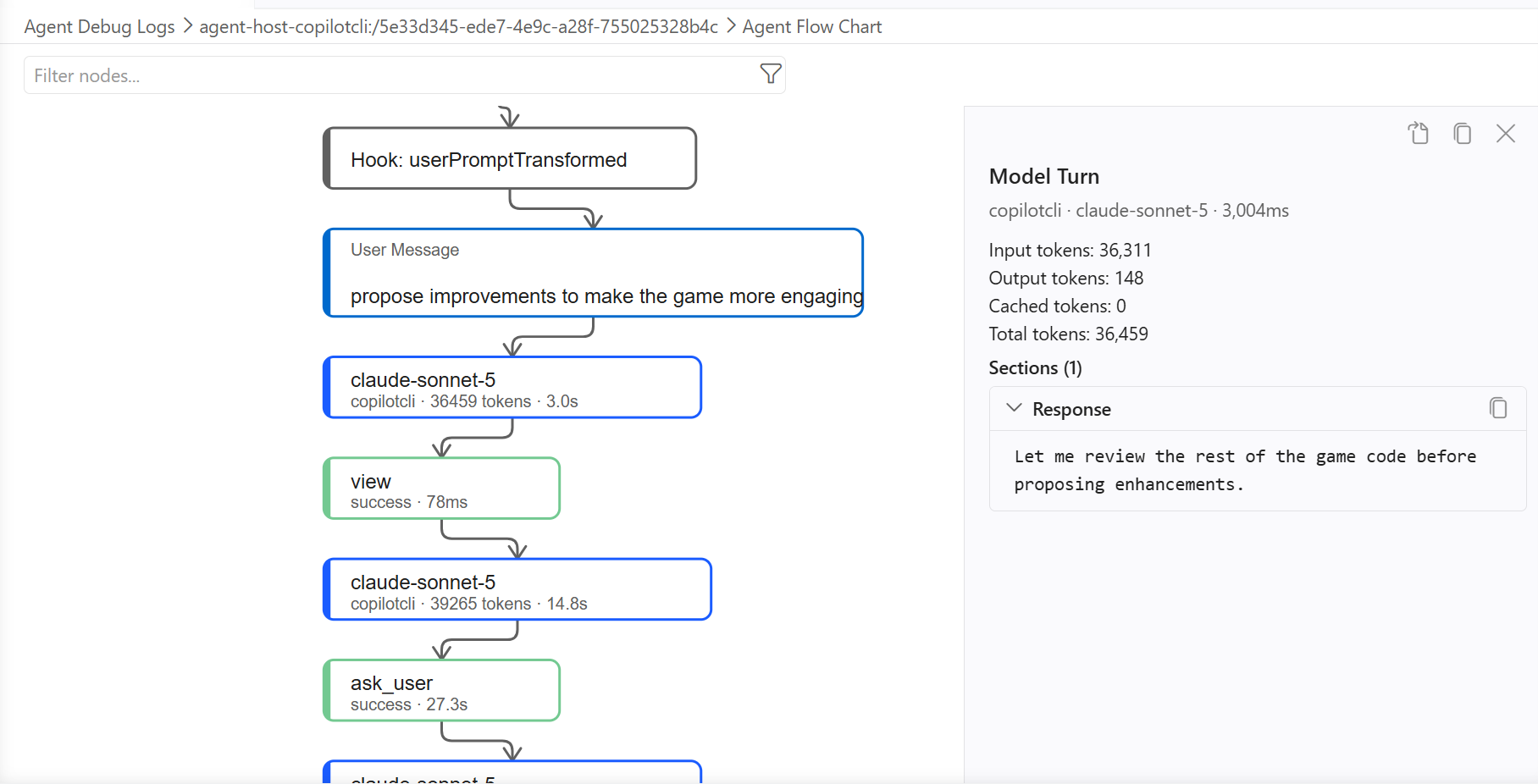 Agent Debug Logs showing the flow chart view in the editor showing instructions, skills, hooks, MCP servers, and plugins.