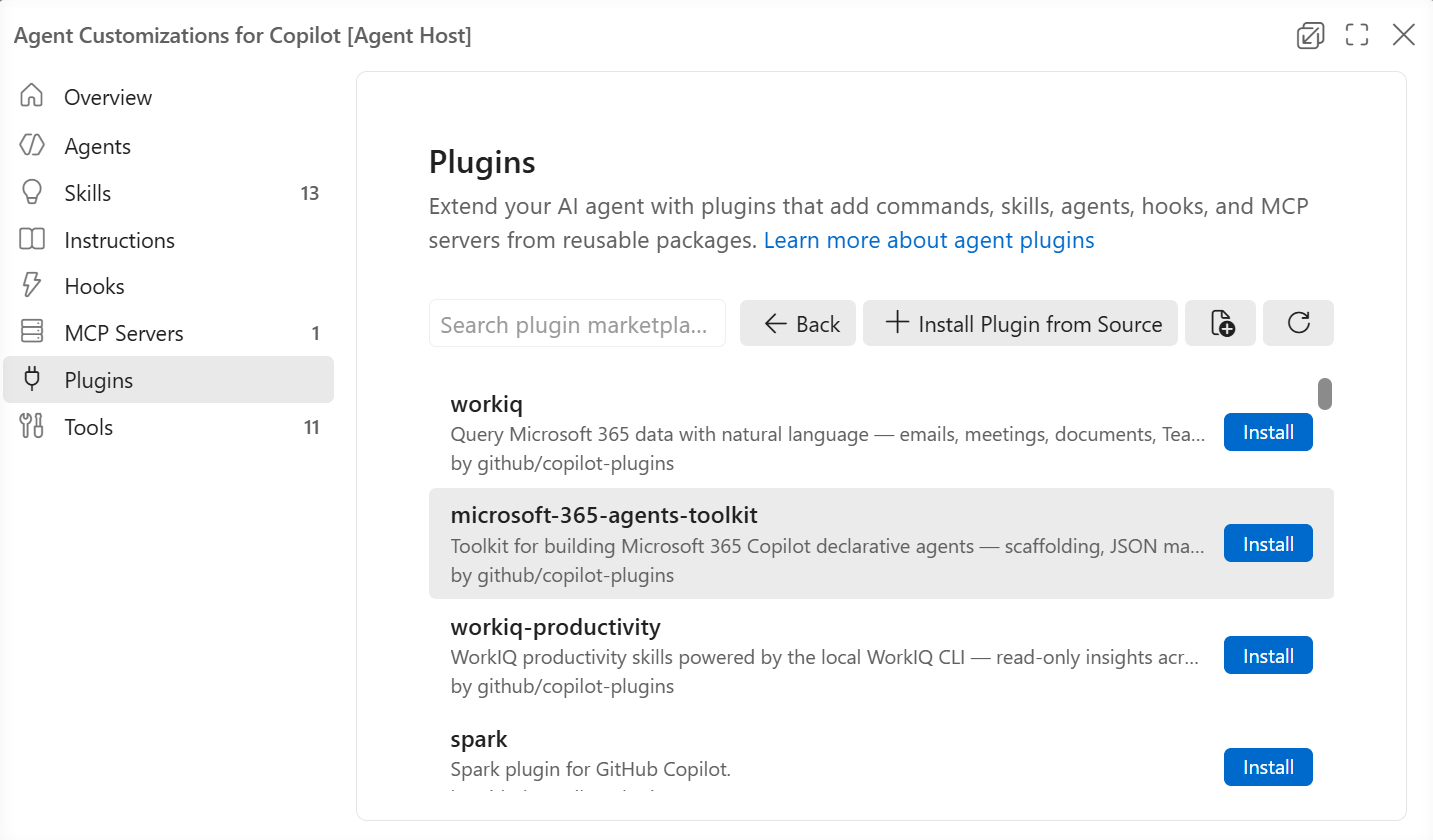 Agent Customizations editor showing agent plugins from the marketplace, letting you install them in your project.