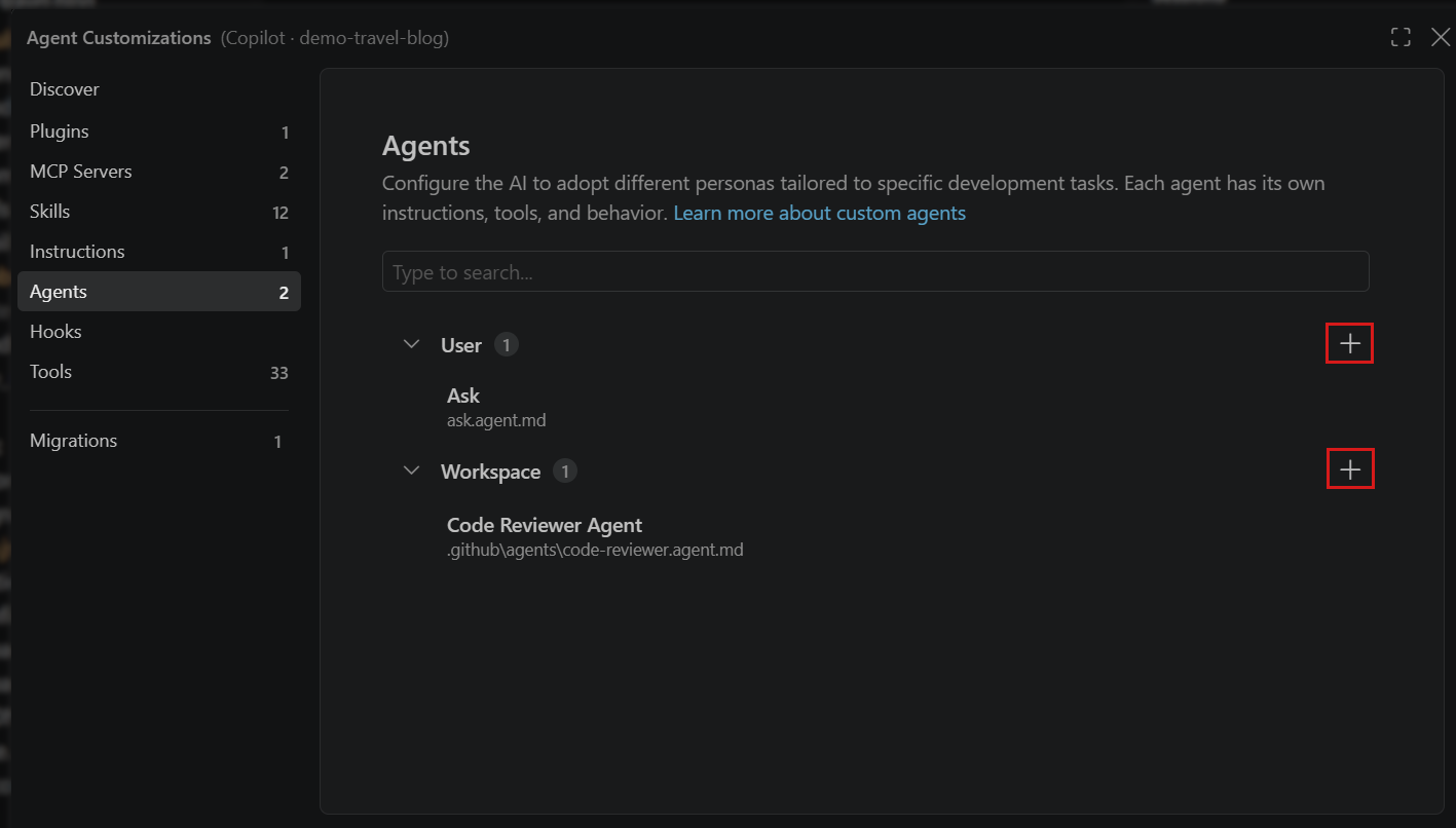 Screenshot showing the Agent Customizations editor and the dropdown to create a new custom agent.